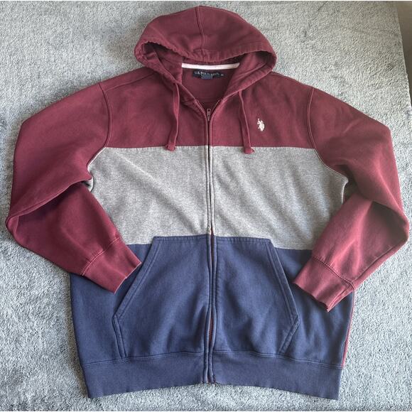 U.S. Polo Assn. Other - U.S. Polo Assn. Mens Burgundy Gray Blue Zip Fleece Hoodie Sweatshirt XL